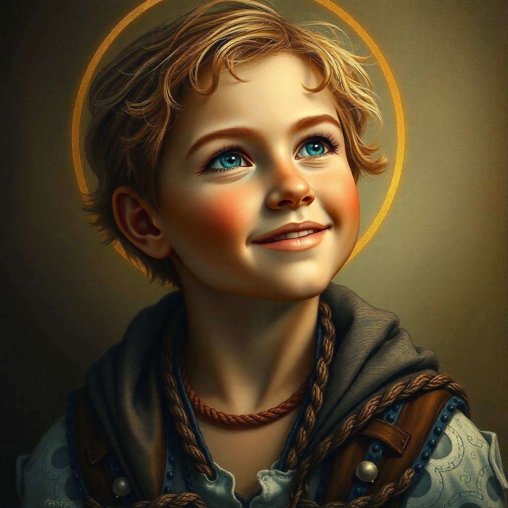 AI generated art for prompt: Craft a Renaissance-style portrait with an ethereal twist, depicting a rugged yet joyful boy adorned