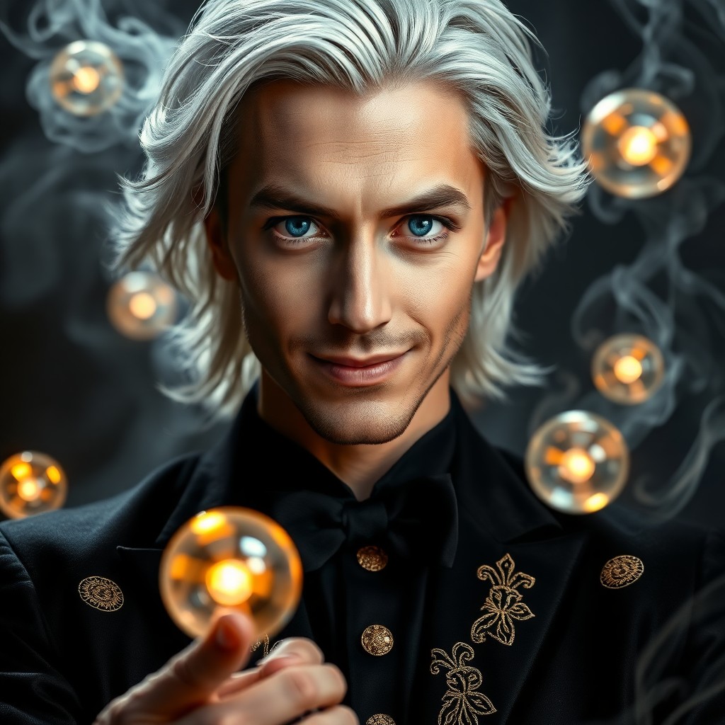 AI generated art for prompt: Craft a hyper-realistic portrait of an enchanting illusionist with kind blue eyes, a captivating smi