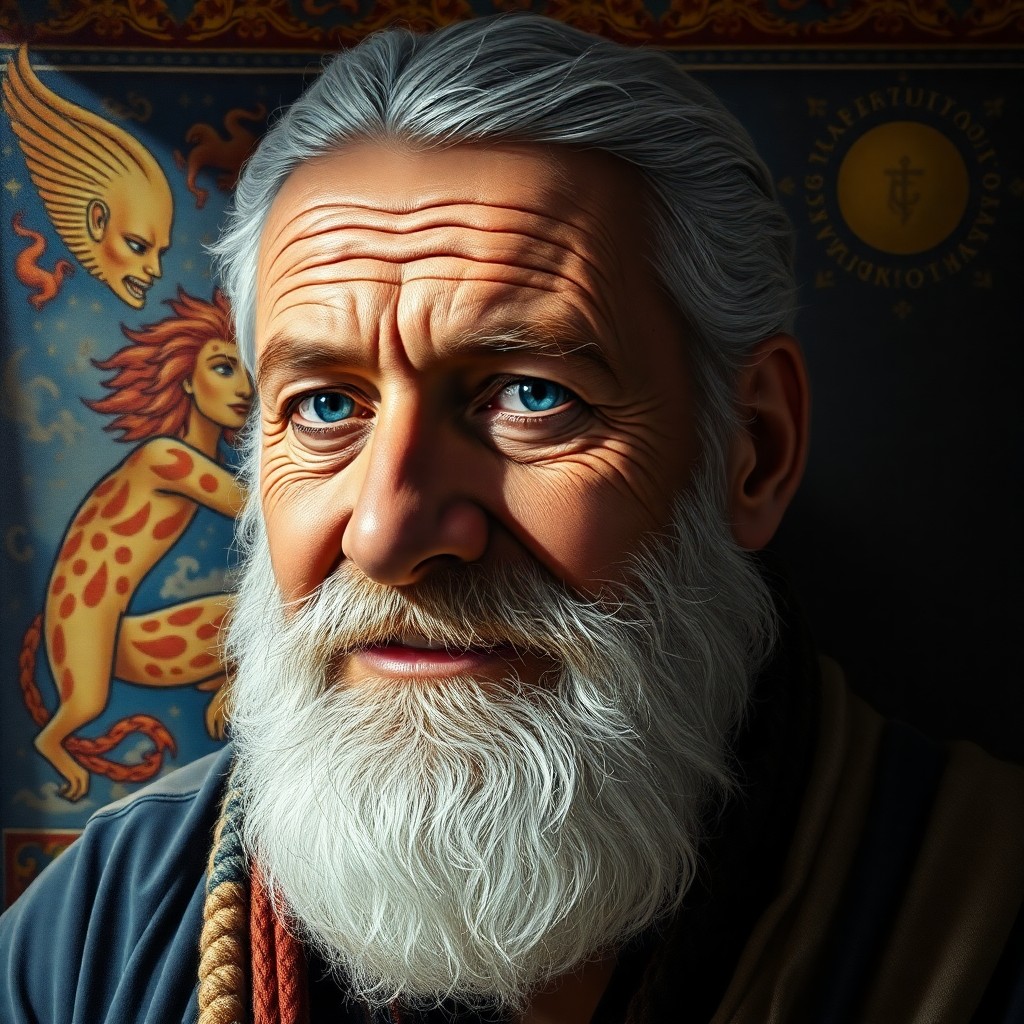 AI generated art for prompt: Craft a hyper-realistic oil painting portrait of an aged Mediterranean man with timid blue eyes and 