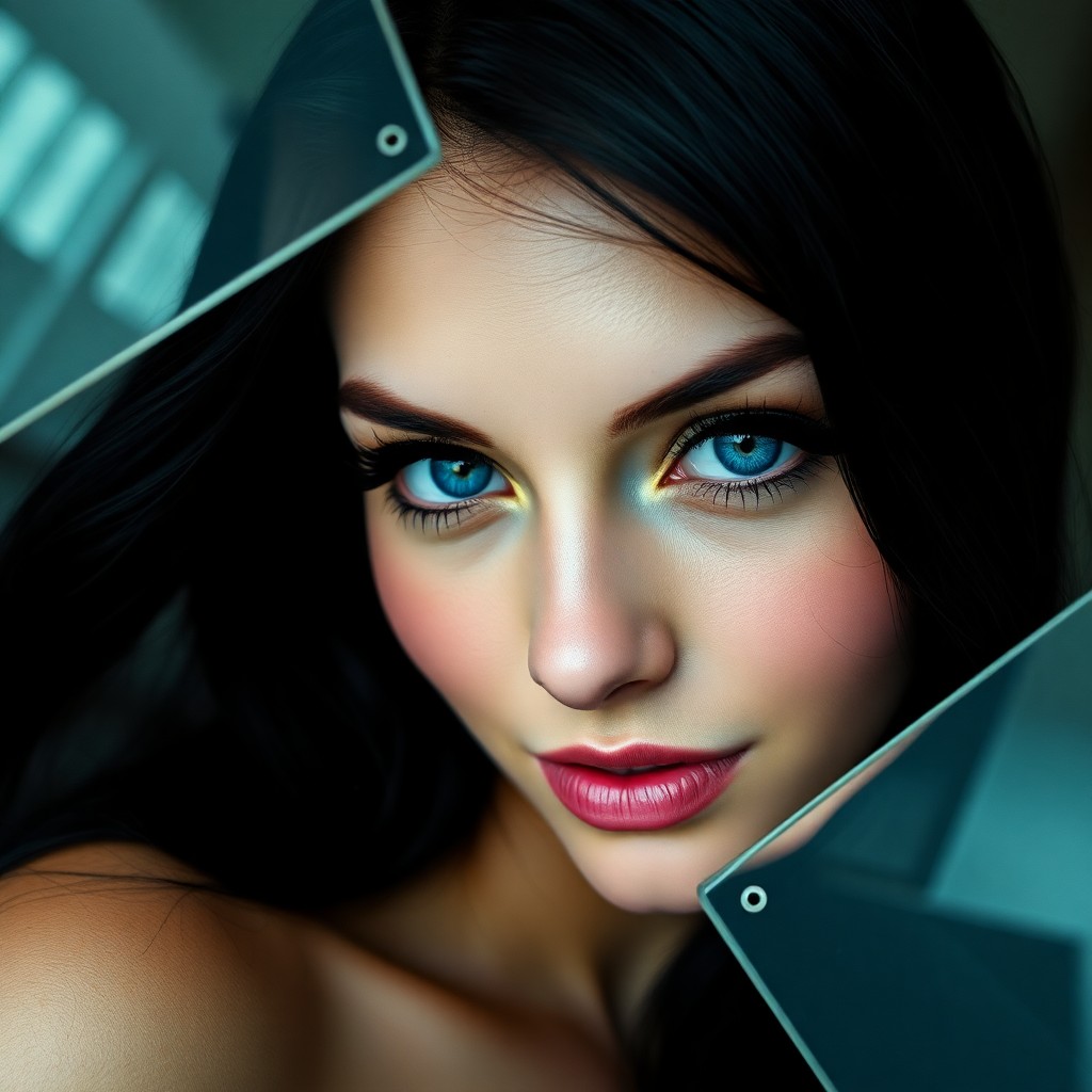 AI generated art for prompt: A surrealist-inspired portrait showcases a captivating woman with vivid blue eyes and defined lashes