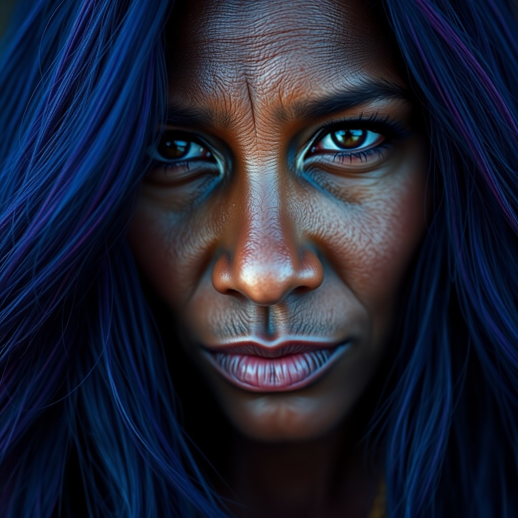 AI generated art for prompt: Craft a hyper-realistic portrait photo of an Aboriginal woman with long, flowing hair in vibrant dee