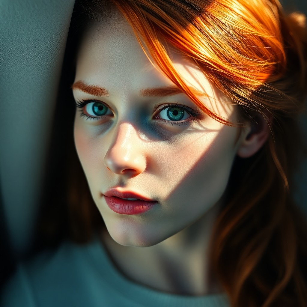 AI generated art for prompt: A photorealistic portrait of a young Nordic woman with fiery red hair and piercing emerald eyes, bat