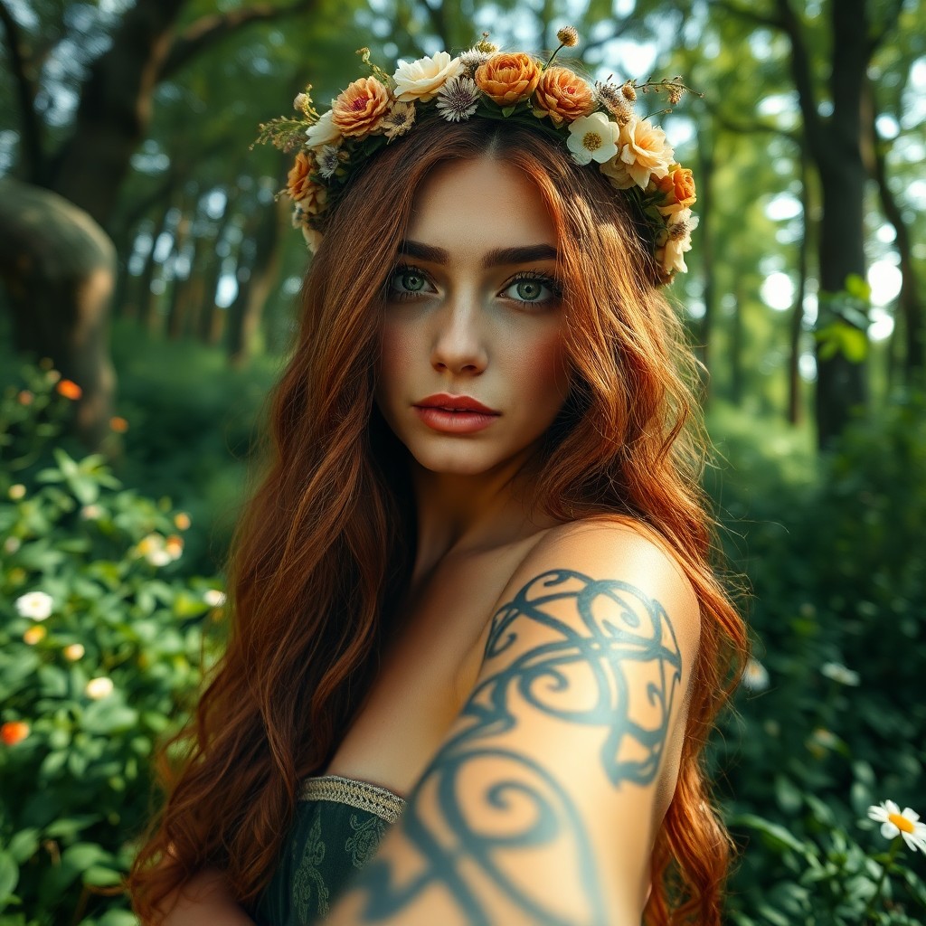 AI generated art for prompt: Imagine a captivating North African woman with long, wavy auburn hair adorned in a rugged floral cro