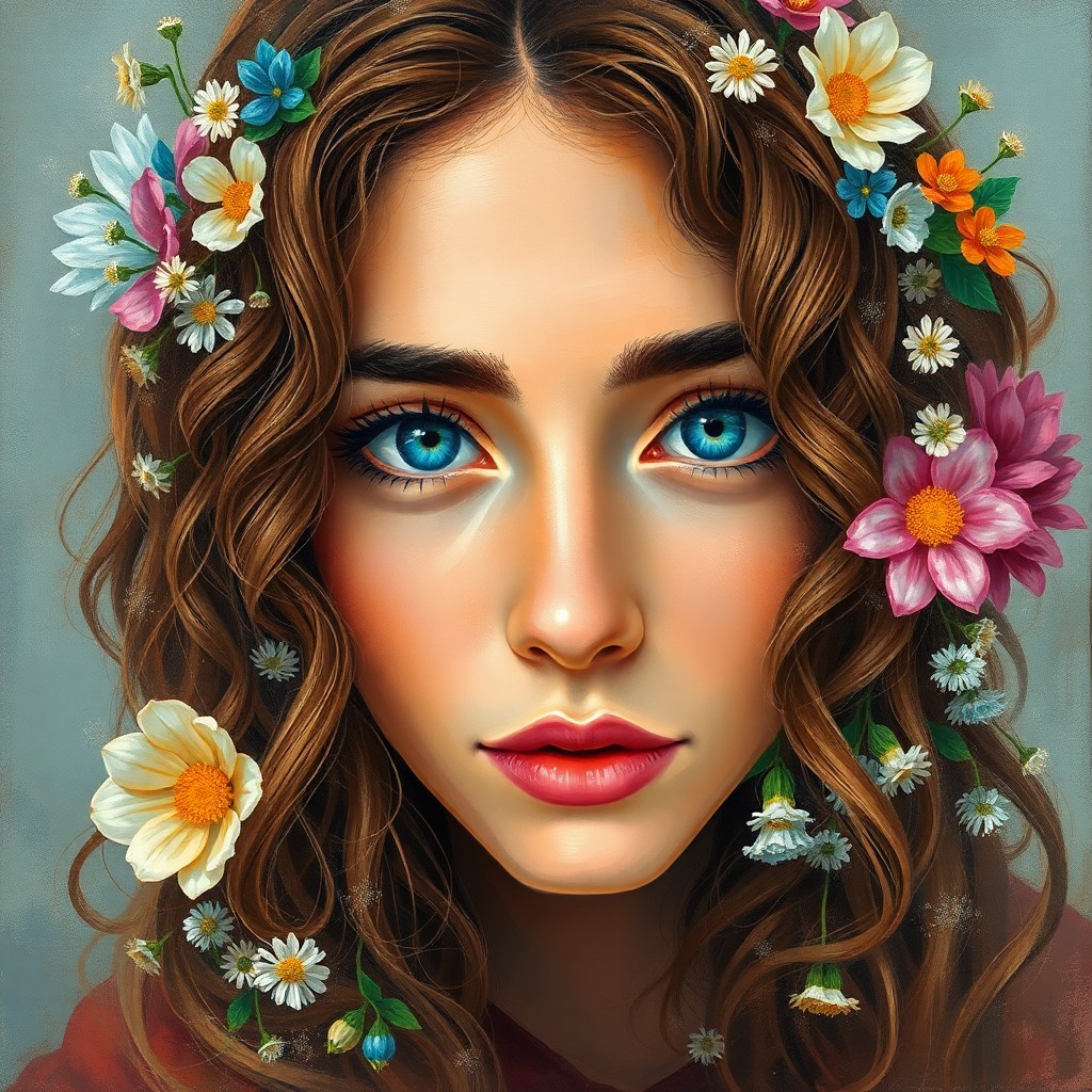 AI generated art for prompt: Create a captivating portrait of a Middle Eastern woman with distant blue eyes and cascading brown c