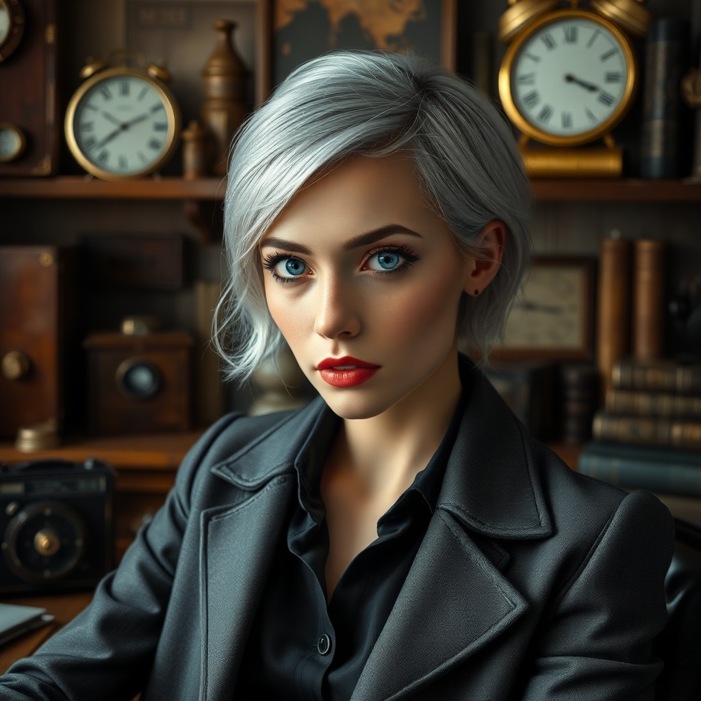 AI generated art for prompt: Craft a photorealistic portrait of an enigmatic female detective with short silver hair and piercing