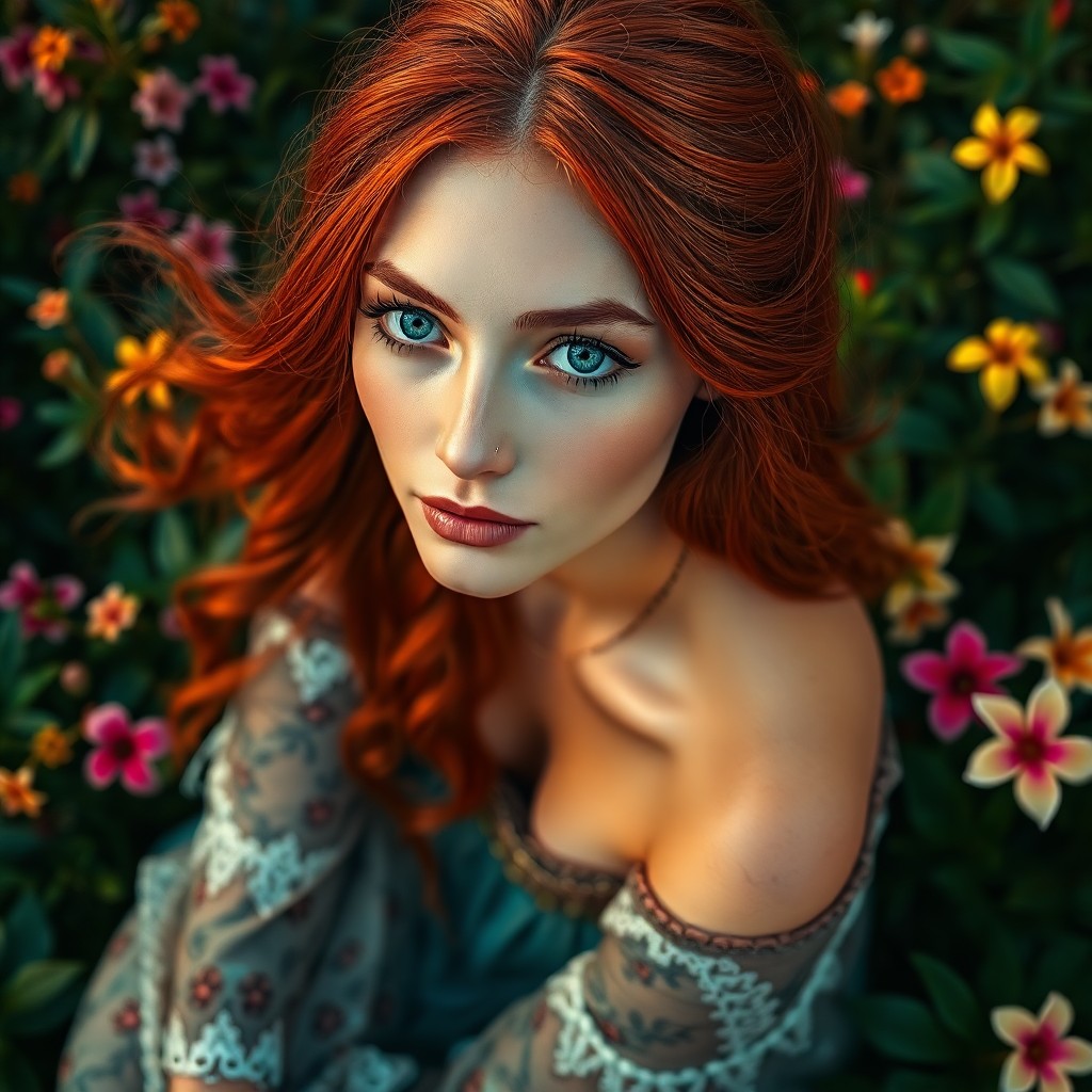 AI generated art for prompt: A captivating hyperrealistic portrait depicts an Amazonian woman with serene blue eyes and flowing r