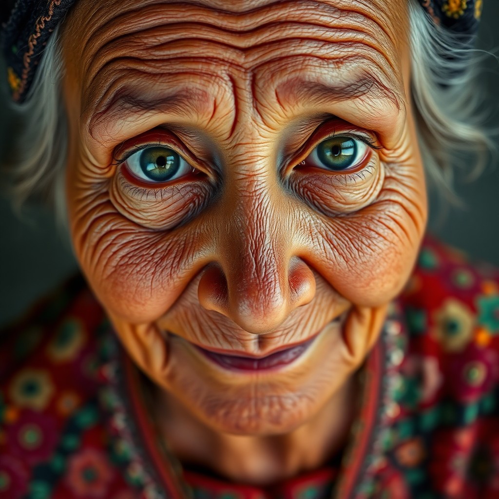 AI generated art for prompt: Envision a captivating hyperrealistic portrait of an elderly Central Asian woman with weathered skin