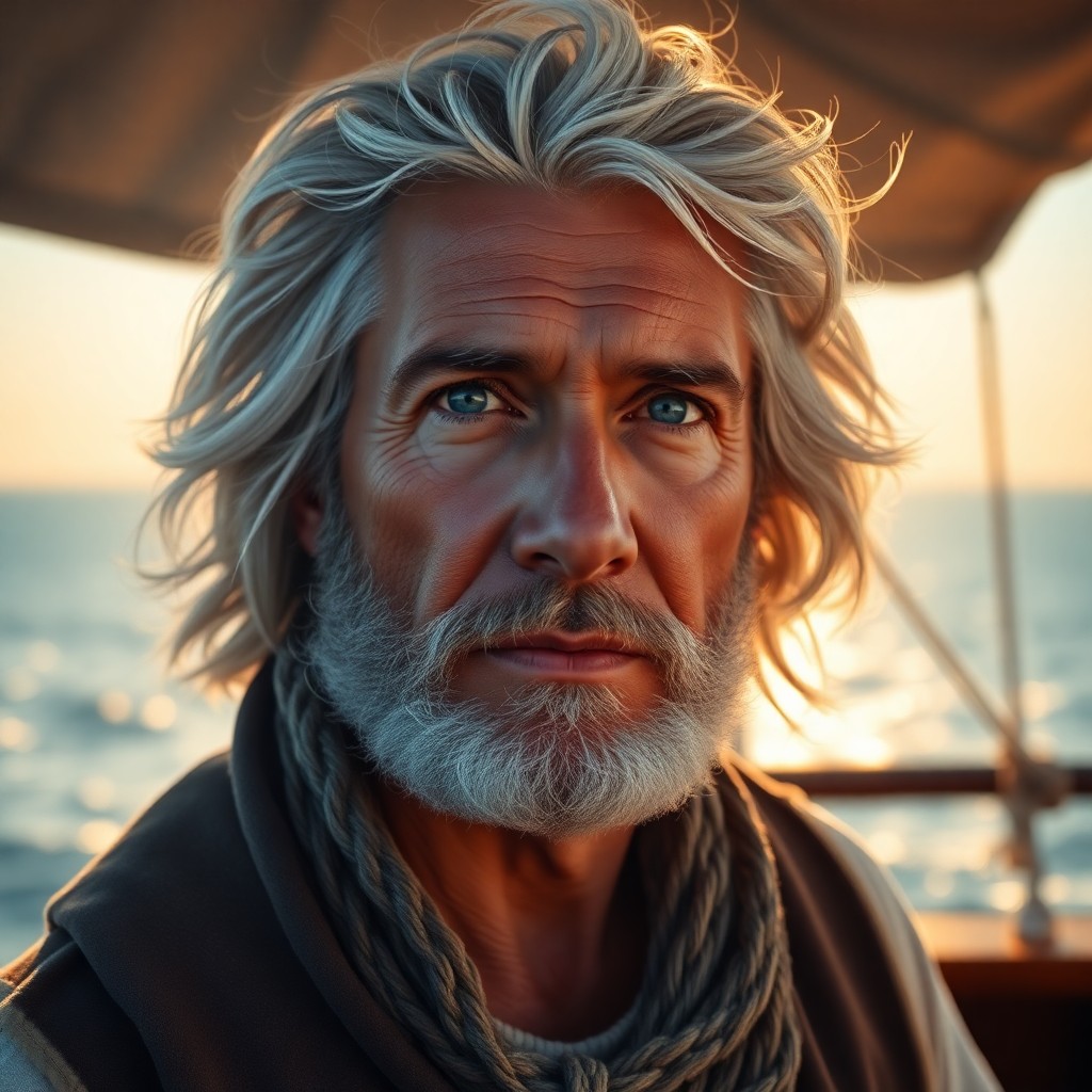 AI generated art for prompt: A photorealistic portrait photograph captures a durable sea captain with soft blue eyes and a grayin