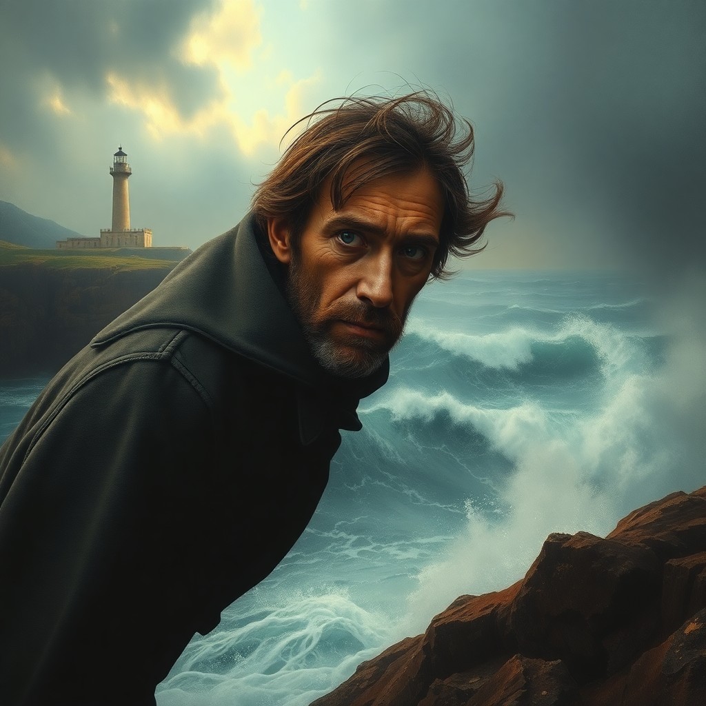 AI generated art for prompt: A superrealistic portrait inspired by 19th-century Russian painter Ivan Aivazovsky showcases a solit