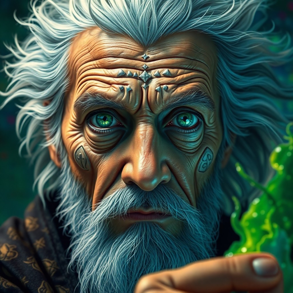 AI generated art for prompt: Imagine a photorealistic portrait of an ancient sorcerer with piercing emerald eyes and wild silver 