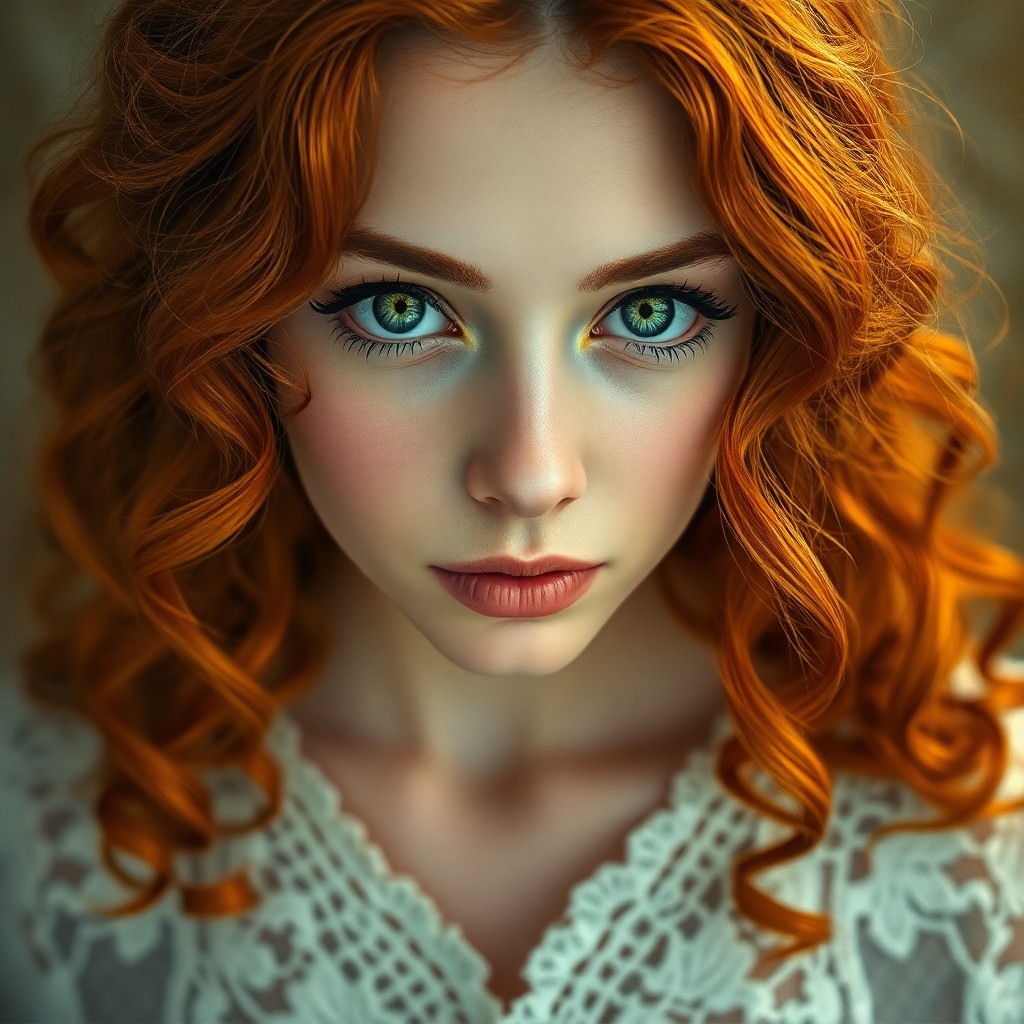 AI generated art for prompt: Craft a neo-classical oil painting portrait of a young Nordic woman with cascading auburn curls fram