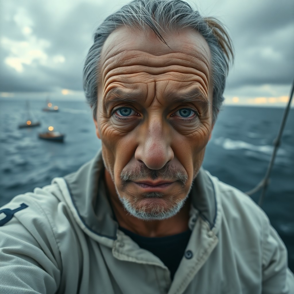 AI generated art for prompt: A high-angle portrait of a creased sailor with docile blue eyes and graying hair tied back in a shor