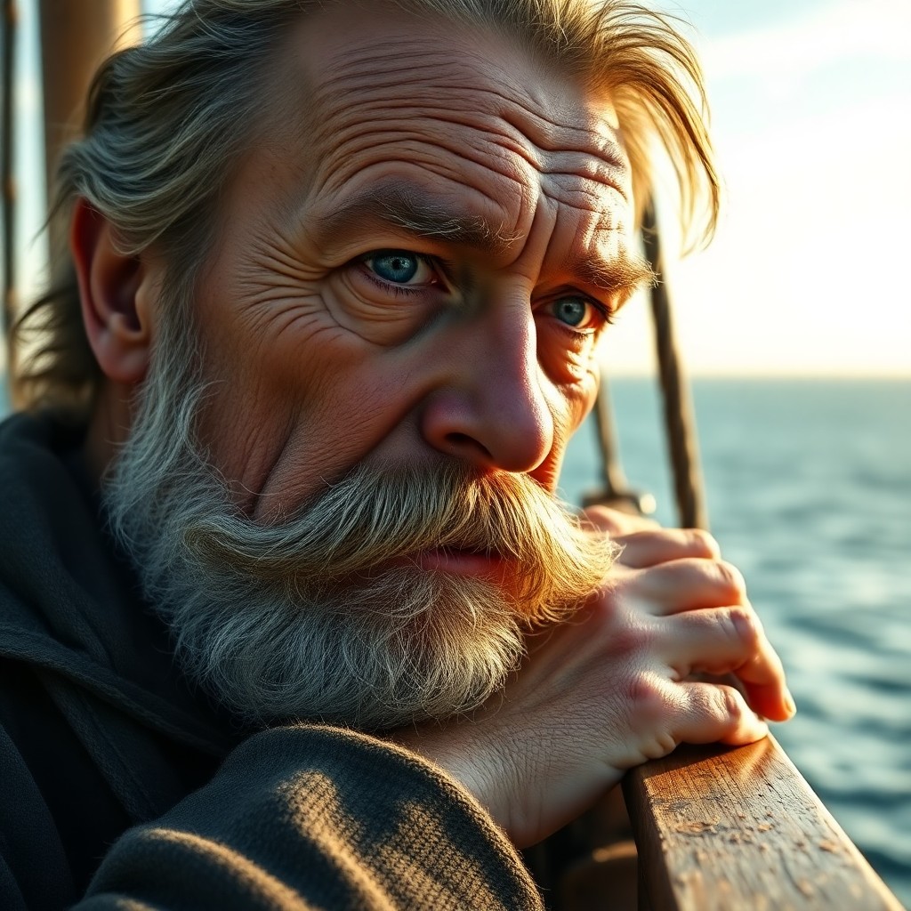 AI generated art for prompt: A portrait photo captures a weathered sea captain's essence, his face marked by deep creases from ga