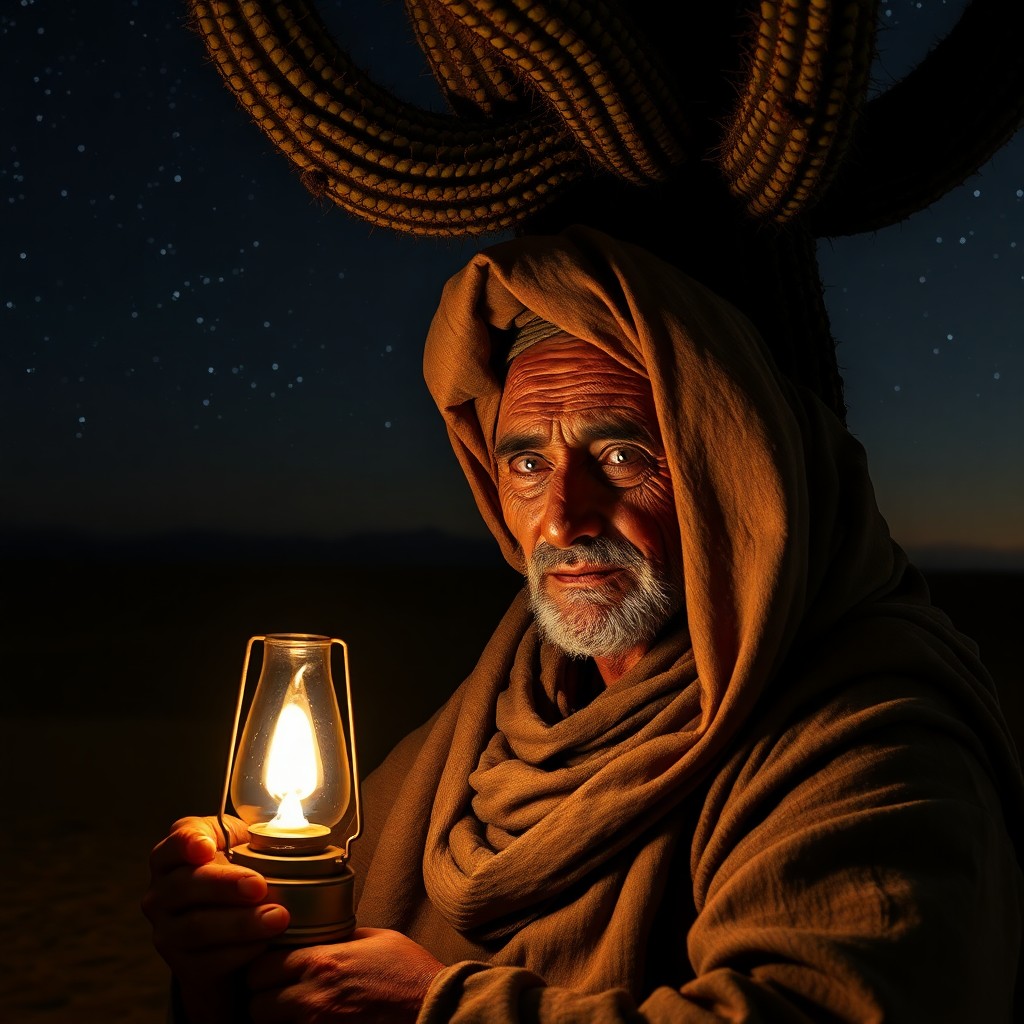 AI generated art for prompt: Craft an intricate portrait photograph of a weary nomad, illuminated by the soft glow of an oil lamp