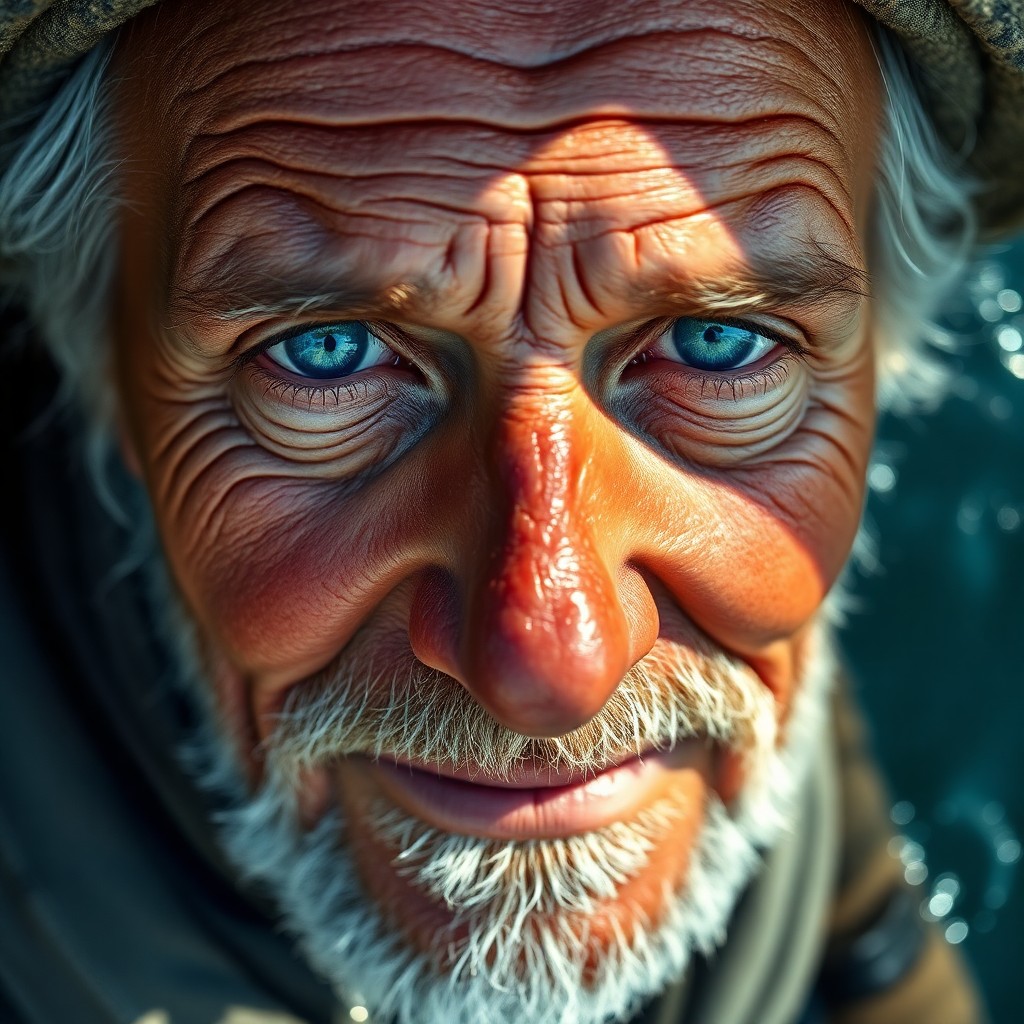 AI generated art for prompt: Craft a photorealistic portrait of an aged fisherman, his sun-kissed skin and compassionate blue eye