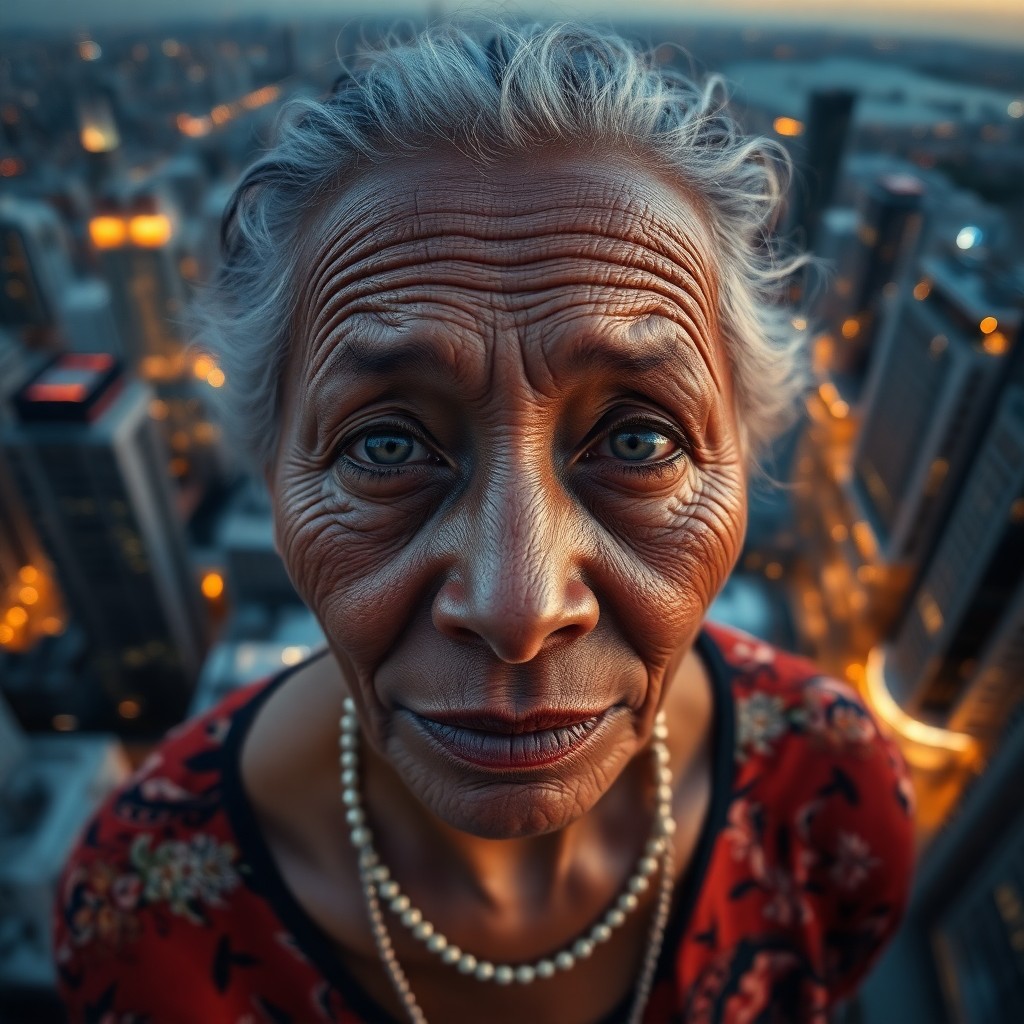 AI generated art for prompt: Craft a photorealistic portrait of an elderly Caribbean woman, her deep wrinkles and warm hazel eyes