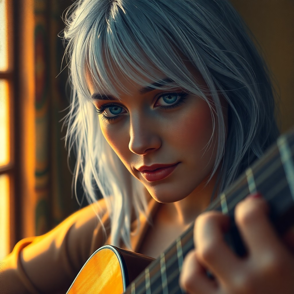 AI generated art for prompt: An enigmatic portrait reveals a blind musician with hazy blue eyes and silver hair, their face illum