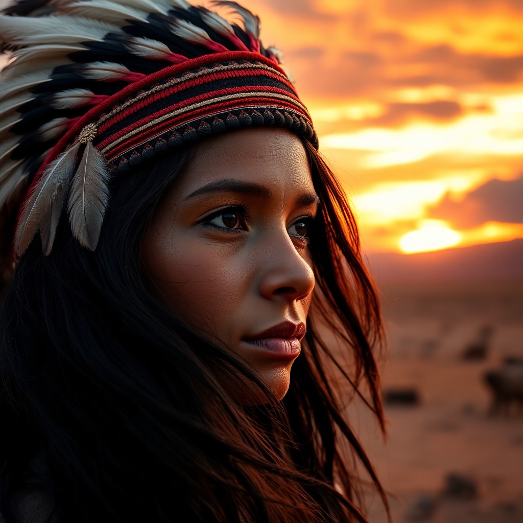 AI generated art for prompt: A breathtaking close-up portrait captures a Native American Sub-Saharan African woman with deep brow