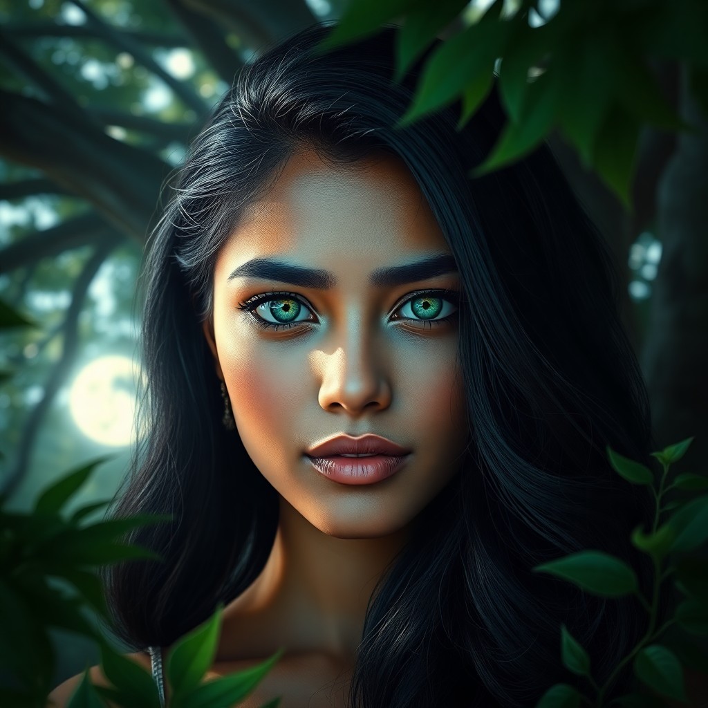 AI generated art for prompt: Craft a photorealistic portrait of a South Asian woman with mesmerizing emerald eyes, bathed in the 