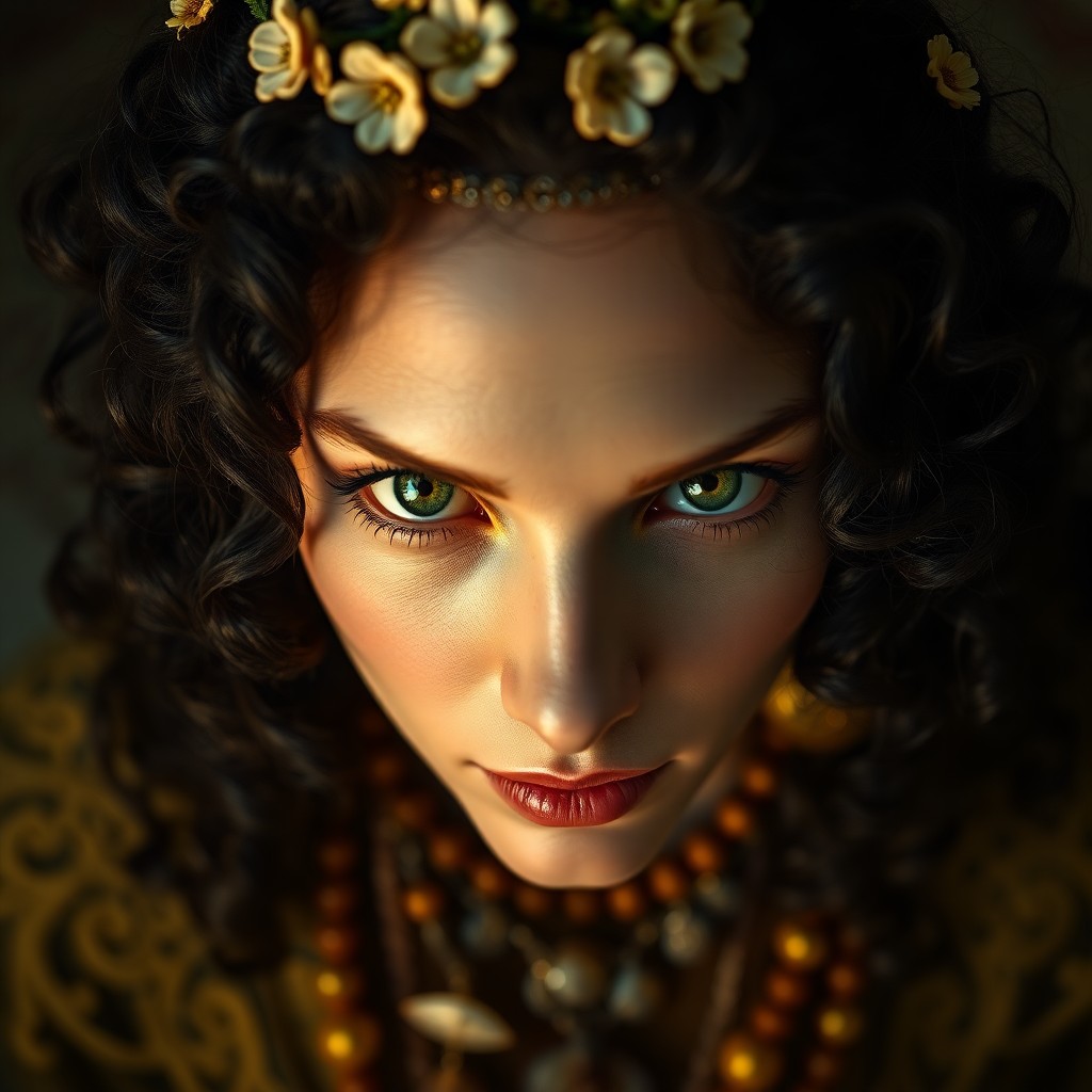 AI generated art for prompt: Craft an ultra-realistic portrait of an enigmatic fortune teller with serene green eyes and dark cur