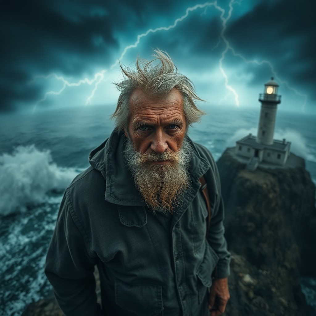 AI generated art for prompt: A hyperrealistic portrait of a gnarled lighthouse keeper with sun-bleached hair and weathered skin s