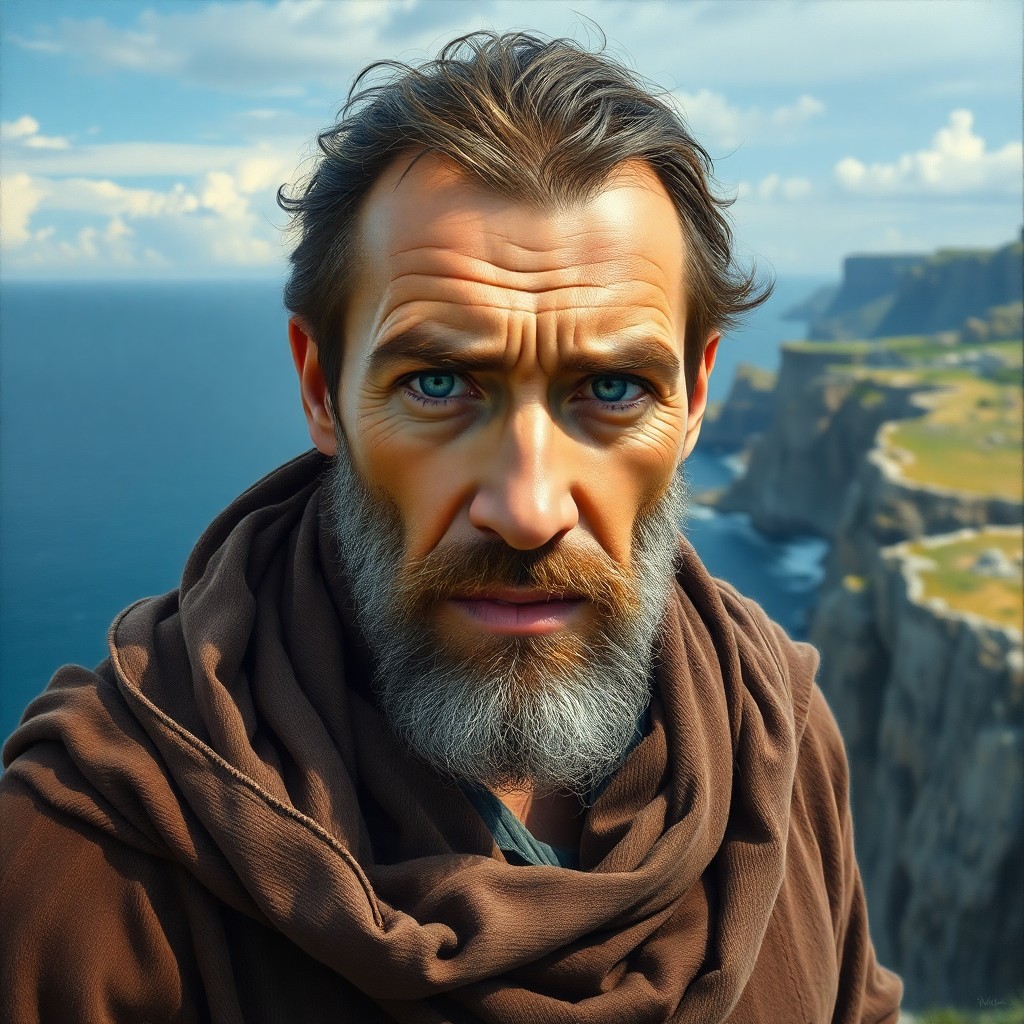 AI generated art for prompt: Craft a hyperrealistic oil painting portrait of a rugged Southern European man with distant blue eye