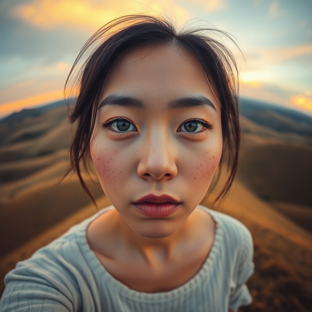 AI generated art for prompt: Craft a contemporary fine art portrait, showcasing an East Asian woman in intense close-up with unfo