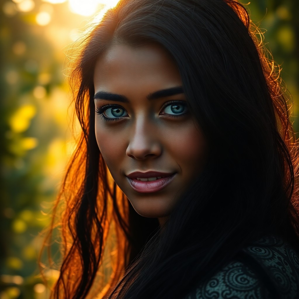 AI generated art for prompt: A super-realistic portrait showcases a captivating Celtic woman with olive skin and raven hair casca