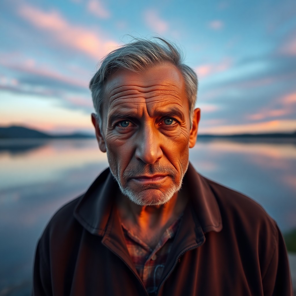 AI generated art for prompt: Depict a middle-aged Latin American man with deep wrinkles and soft blue eyes, standing at the seren