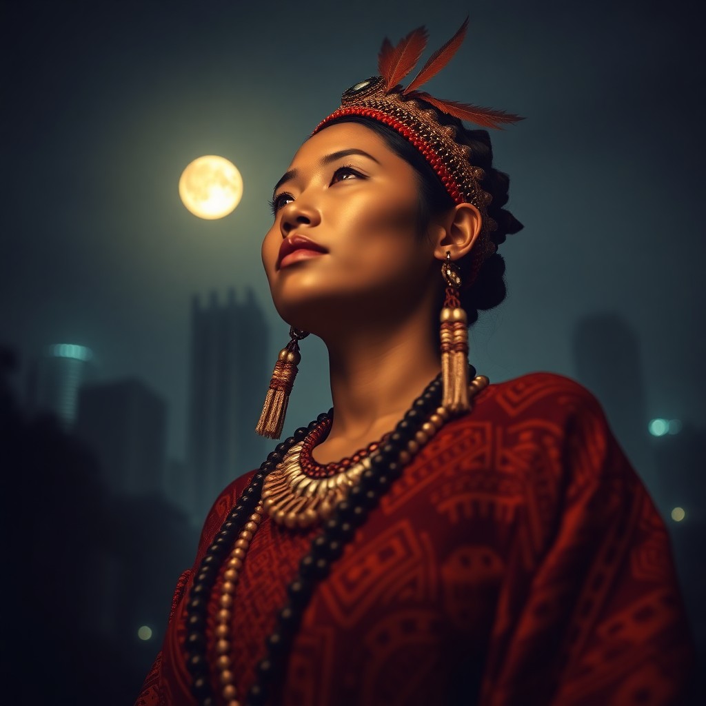 AI generated art for prompt: Craft a photorealistic portrait photograph showcasing an enigmatic Pacific Islander woman adorned in