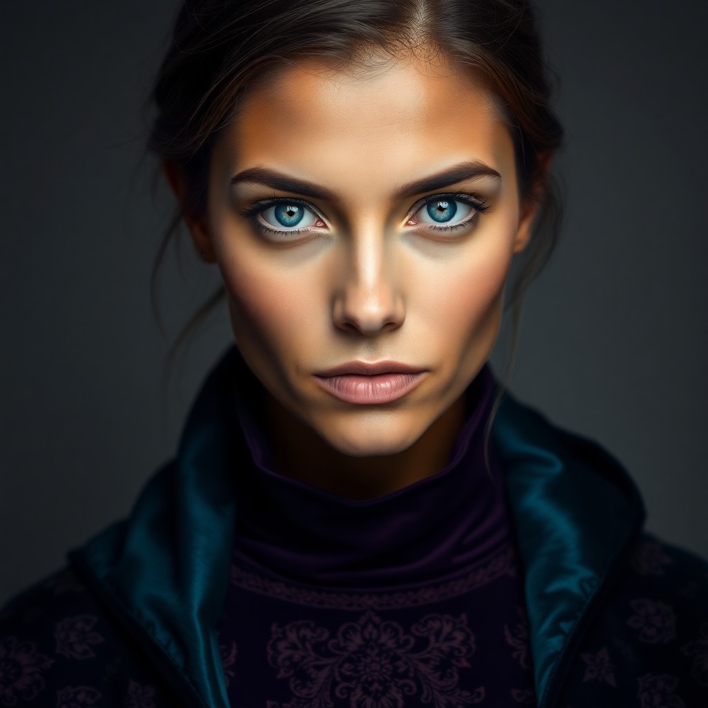 AI generated art for prompt: A hyperrealistic portrait reveals a Western European woman's enigmatic gaze, her placid blue eyes co