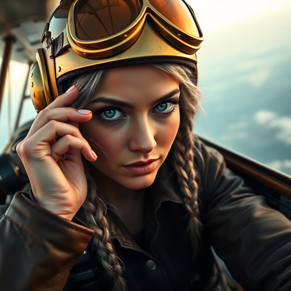 AI generated art for prompt: An ultra-realistic portrait depicts a seasoned airship pilot with unfocused blue eyes and silver-str