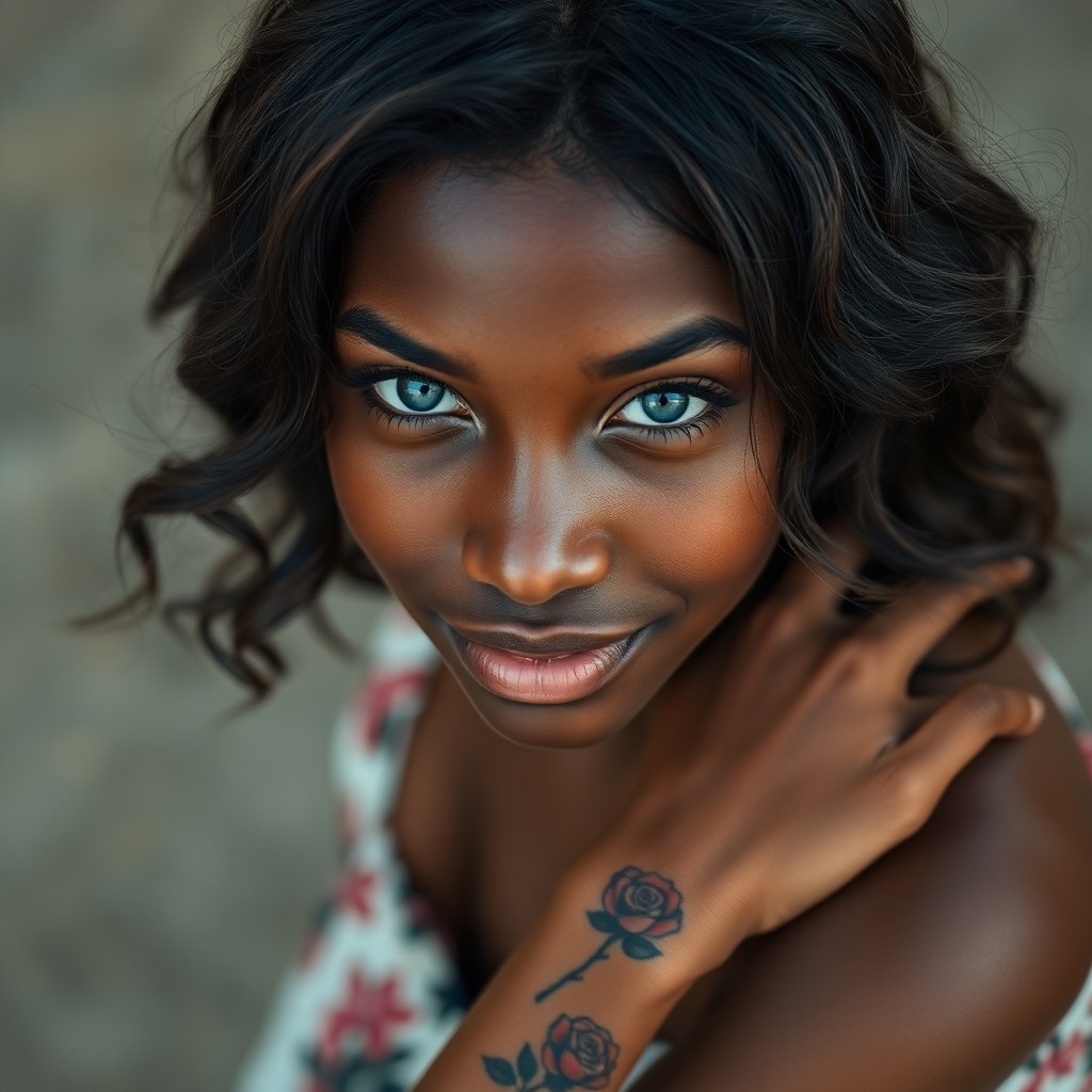 AI generated art for prompt: Craft a photorealistic portrait of a young African woman with serene blue eyes and wavy hair reachin