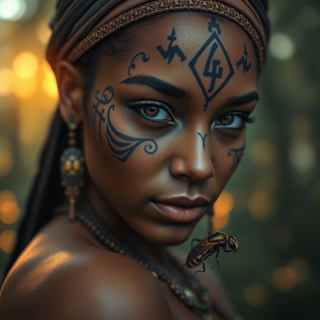 AI generated art for prompt: Craft a photorealistic portrait of a North African woman adorned with intricate facial tattoos inspi