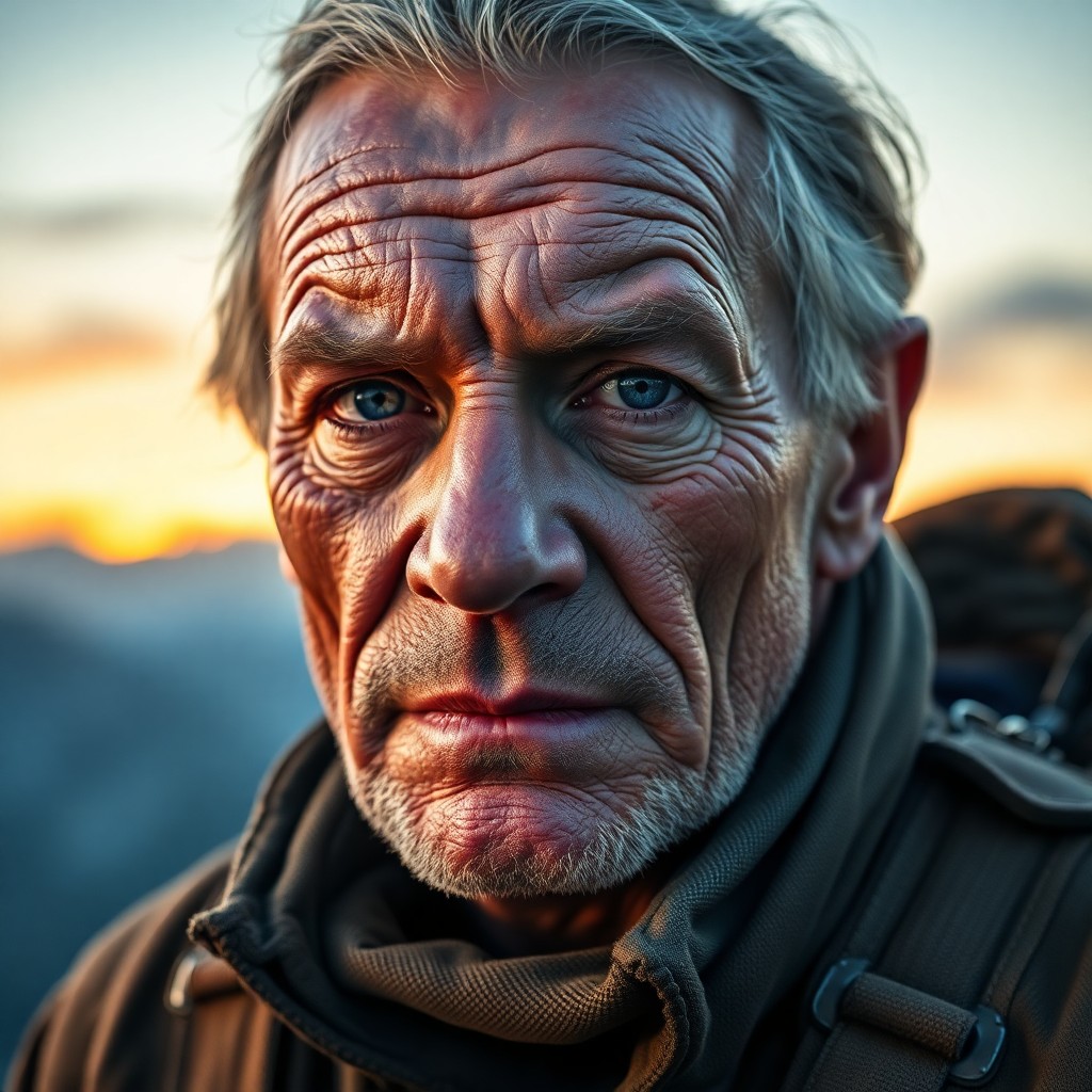 AI generated art for prompt: Visualize a photorealistic portrait capturing an experienced mountaineer's intense gaze and rugged f