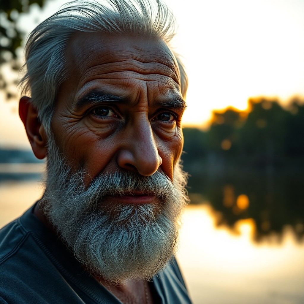 AI generated art for prompt: Craft a DSLR portrait photo of an elderly Latin American man with a full beard and weathered skin, s