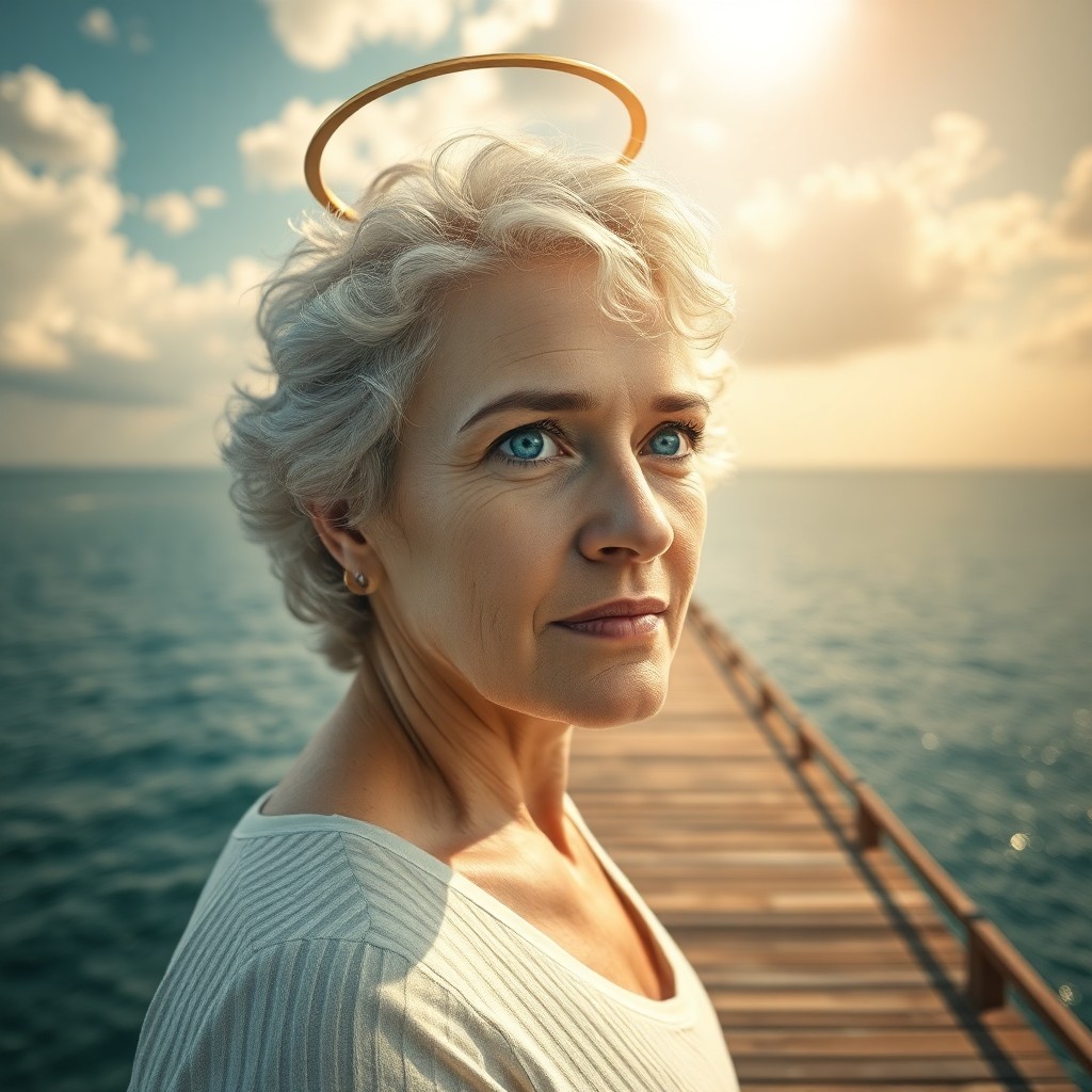 AI generated art for prompt: A photorealistic portrait photograph captures a middle-aged Western European woman with serene blue 