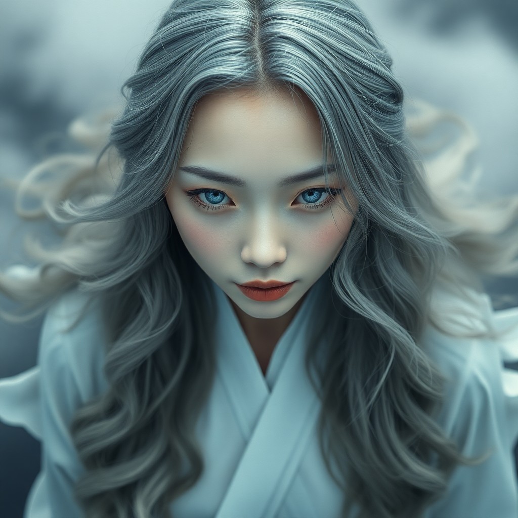 AI generated art for prompt: Craft an ultra-realistic portrait of a cryptic East Asian woman with tender blue eyes and long, wavy