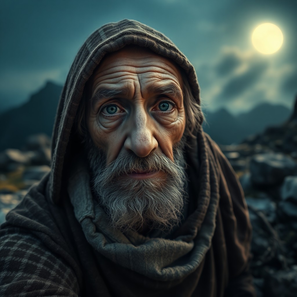 AI generated art for prompt: Envision a photorealistic portrait of an aged hermit in his tranquil moonlit glen, illuminated by et