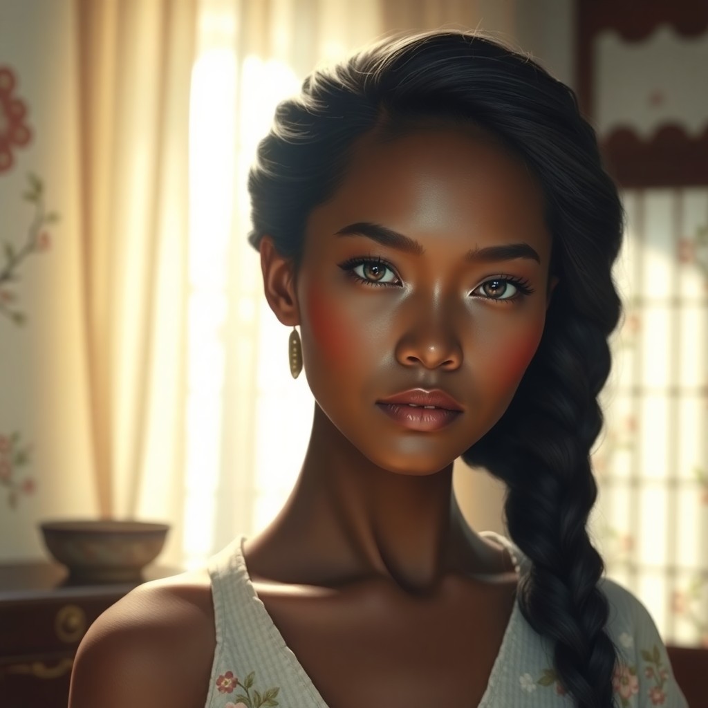 AI generated art for prompt: Craft a photorealistic portrait of a serene Japanese African woman with porcelain skin and captivati