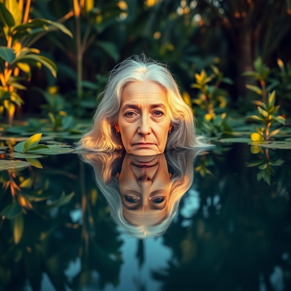 AI generated art for prompt: A serene elderly Middle Eastern woman with fair skin and long silver hair reflects contemplatively i