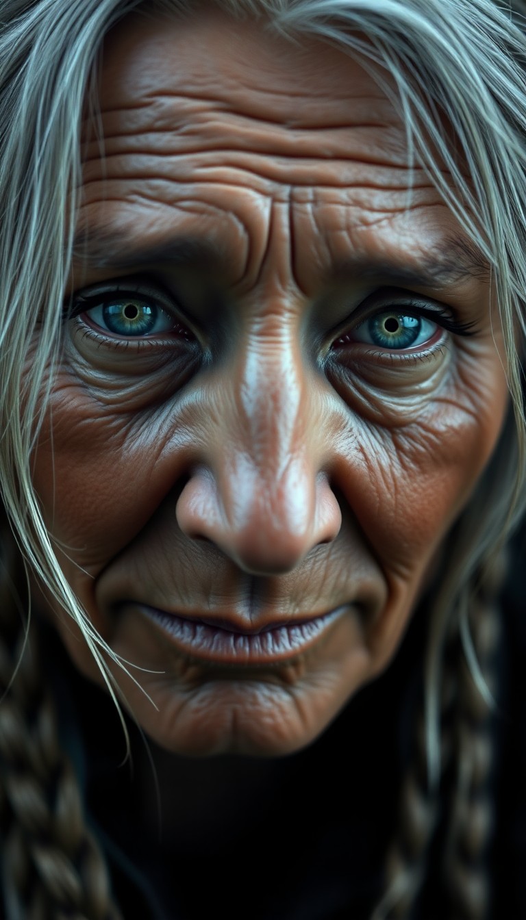 AI generated art for prompt: Envision a super-realistic portrait of a wise and enigmatic older Native American woman. Her compass