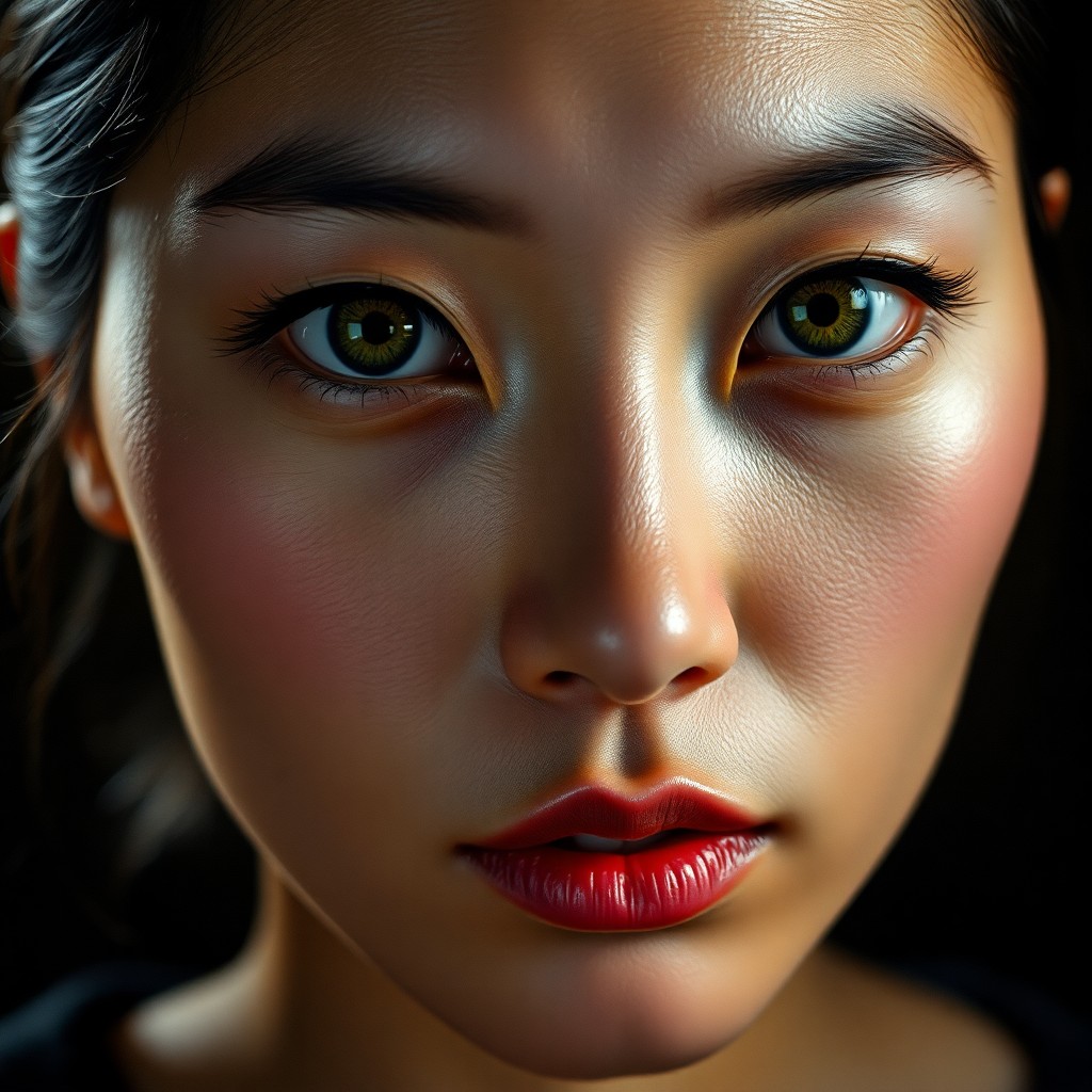 AI generated art for prompt: Hyperrealistically portray an East Asian woman with timid green eyes framed by dark lashes against f