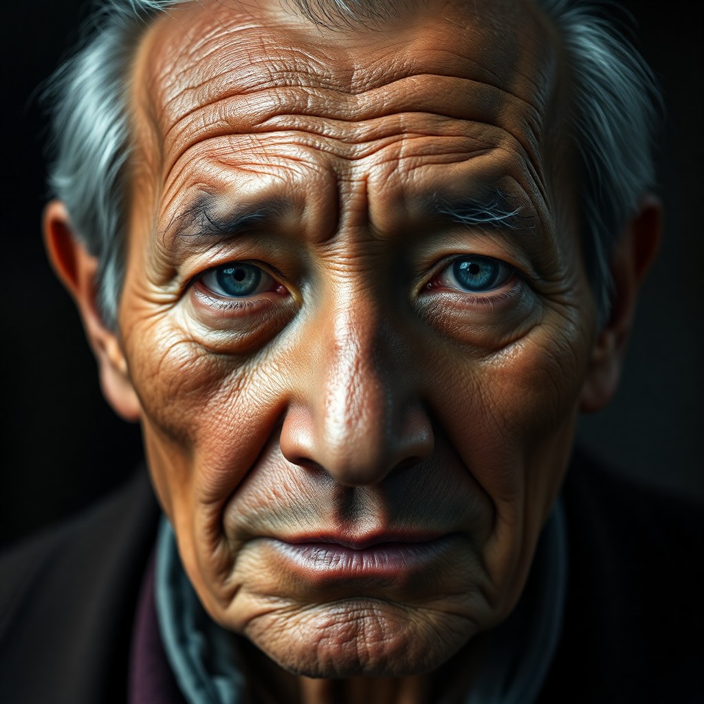 AI generated art for prompt: Create a photorealistic portrait of an elderly East Asian man with creased skin and docile blue eyes