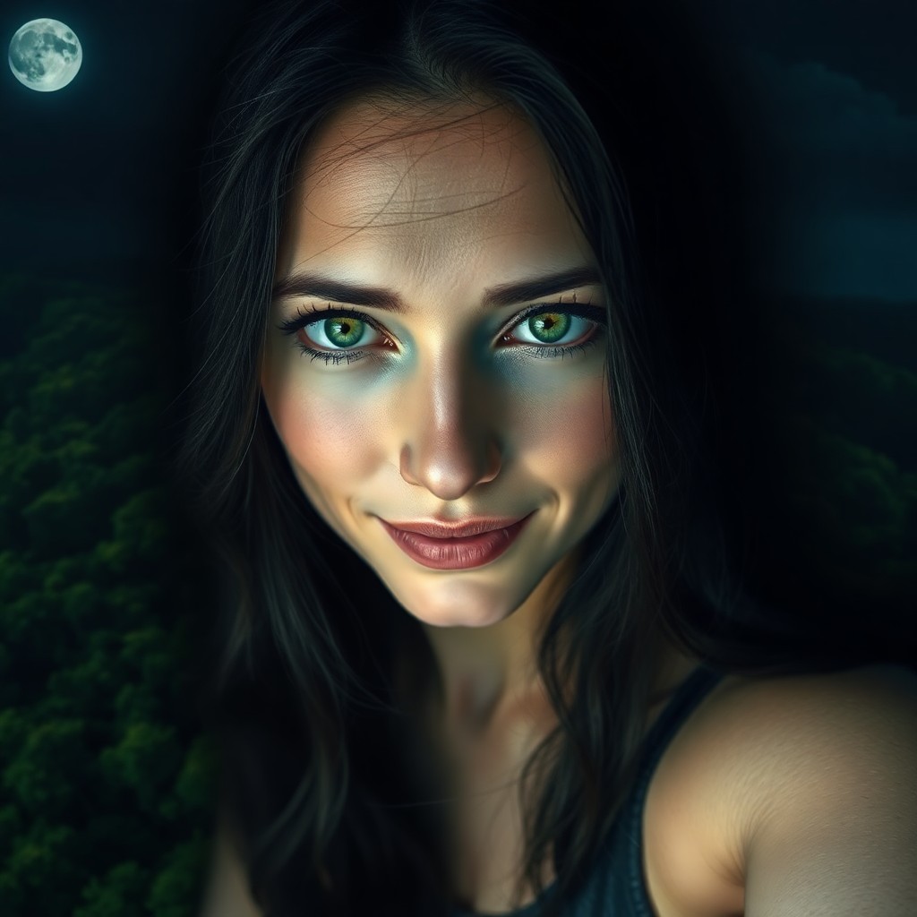 AI generated art for prompt: Hauntingly beautiful, a portrait emerges from shadowed depths, illuminated by moonlight's ethereal g