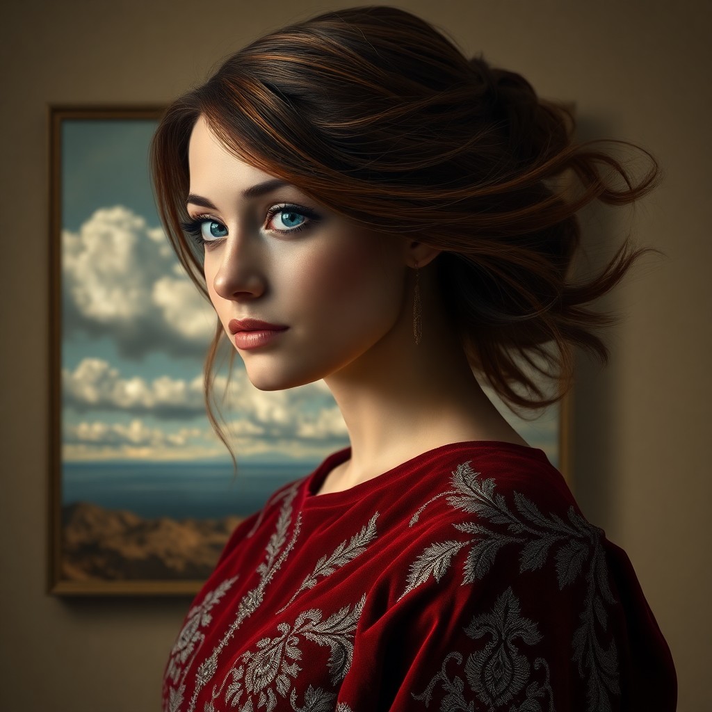 AI generated art for prompt: Craft an image merging Vermeer's and Magritte's styles, portraying a side view of an Andean woman wi