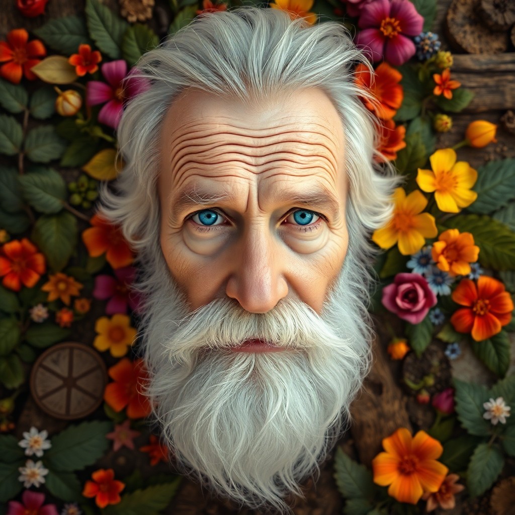 AI generated art for prompt: Create a hyperrealistic portrait of an elderly Western European man with a full white beard and soft