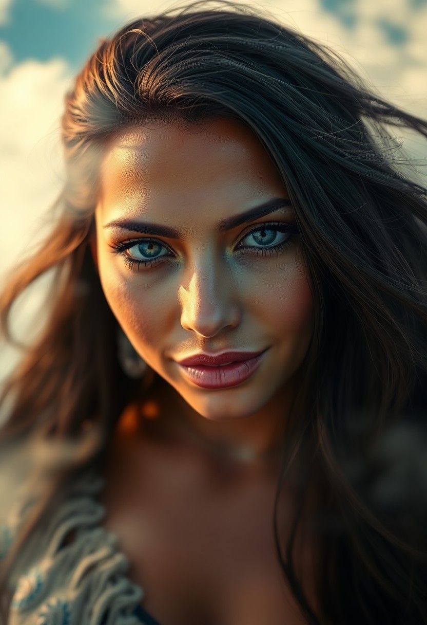 AI generated art for prompt: Capture a hyperrealistic portrait of a Native American woman with enigmatic charm. Her shy green eye