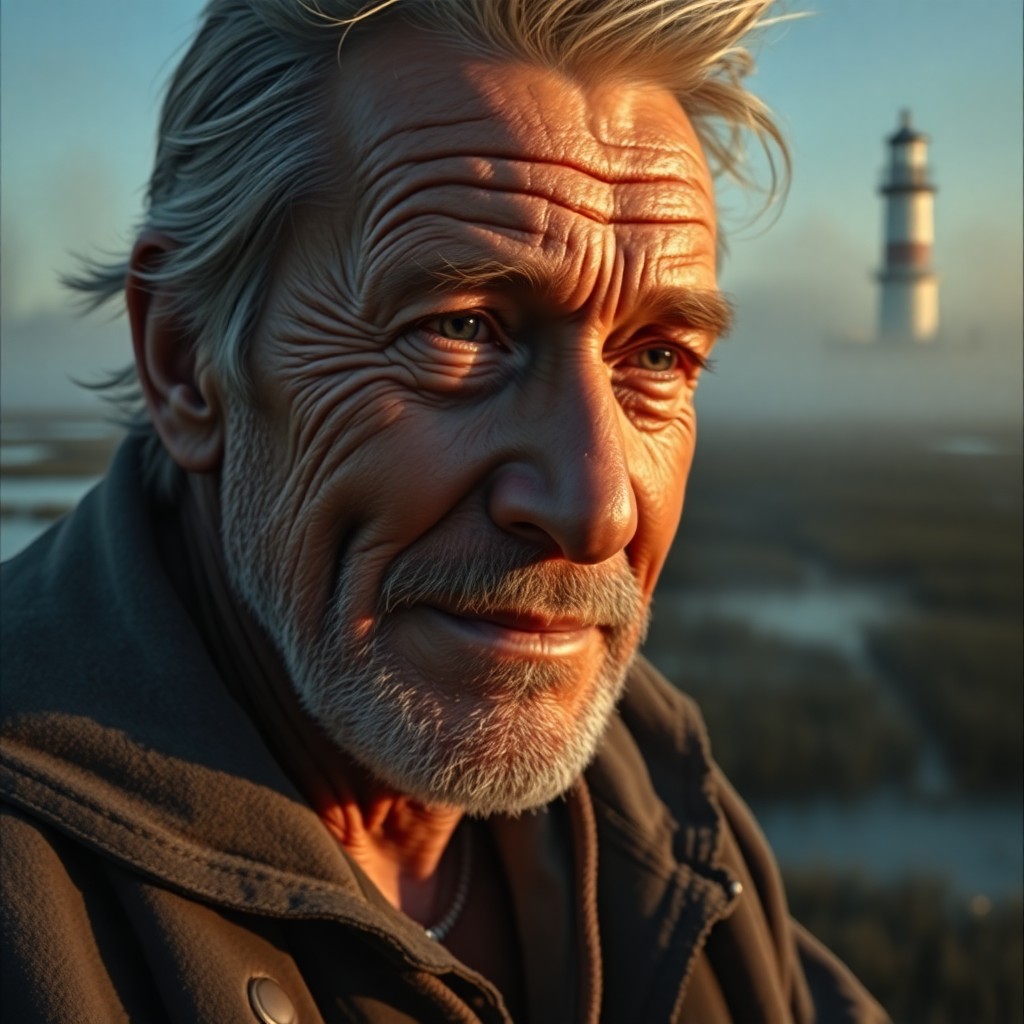 AI generated art for prompt: A hyper-realistic portrait captures the rugged essence of a sailor, his sun-kissed skin etched with 