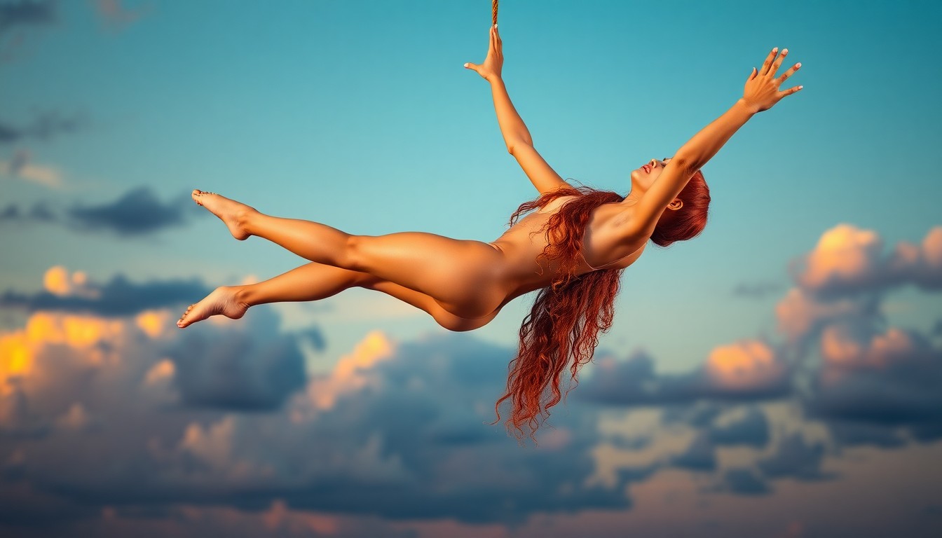 AI generated art for prompt: Create a photorealistic portrait of a captivating female acrobat with sun-kissed skin and fiery red 